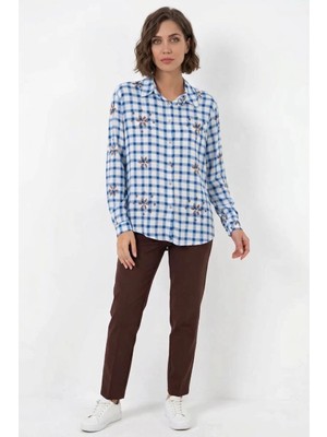 Efnaz Style Kadın Oversize Çiçek Desenli Viskon Mavi Gömlek