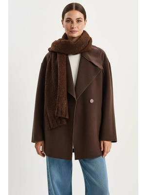 Efnaz Style Kadın Geniş Yaka Cep Detaylı Oversize Kaşe Acı Kahve Kaban