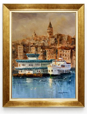 Tablore Istanbul Galata Kulesi ve Vapur Altın Çerçeveli Kanvas Tablo Yağlı Boya Dokulu Şehir Tablosu