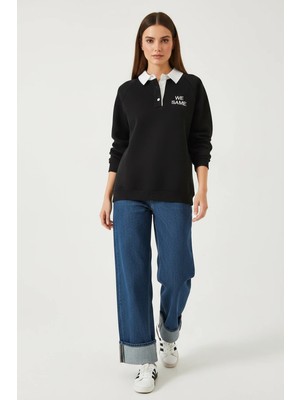 Efnaz Style Kadın Polo Yaka Üç Iplik Şardonlu Siyah Sweatshirt