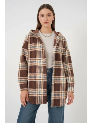 Efnaz Style Kadın Kapüşonlu Oversize Kareli Desenli Kahverengi Gömlek