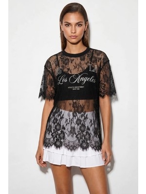 Efnaz Style Kadın Dantel Tül Detaylı Baskılı Oversize Siyah Bluz