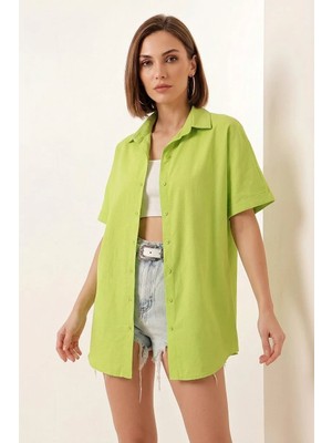 Efnaz Style Kadın Kısa Kol Oversize Pamuklu Çağla Yeşili Gömlek