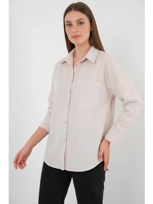 Efnaz Style Kadın Oversize Tek Cepli Çizgili Pamuklu Krem Gömlek