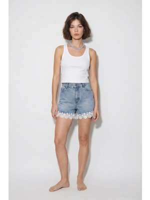 Efnaz Style Kadın Dantel Paça Yüksek Bel Mini Denim Mavi Şort