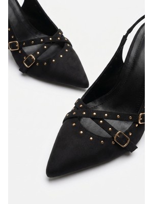 Efnaz Style Kadın Troklu Çapraz Bant Detaylı Sivri Burun Topuklu Slingback Ayakkabı Siyah
