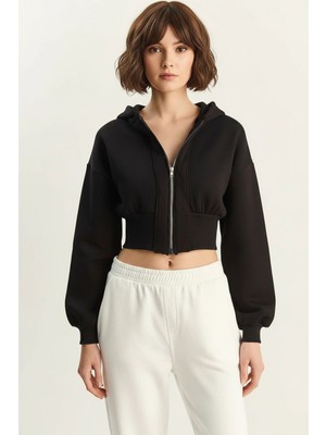Efnaz Style Kadın Fermuarlı Kapüşonlu Belden Oturmalı Esnek Örme Crop Siyah Sweatshirt