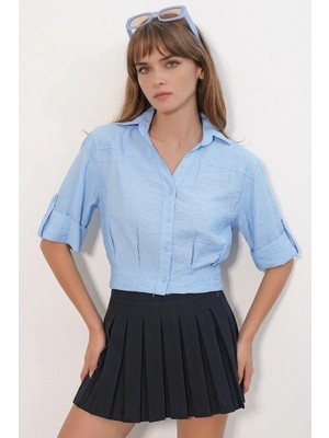 Efnaz Style Kadın Kısa Kol Crop Oversize Mavi Gömlek