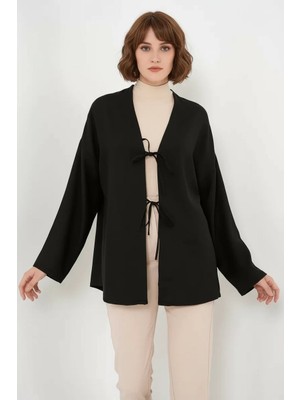 Efnaz Style Kadın Bağcıklı Viskon Siyah Tesettür Kimono