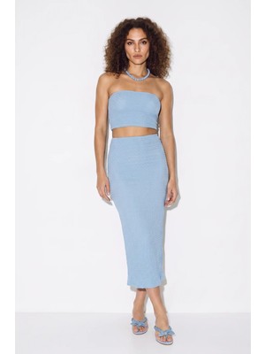 Efnaz Style Kadın Straplez Bürümcük Crop Bluz Yüksek Bel Midi Kalem Mavi Etek Takım