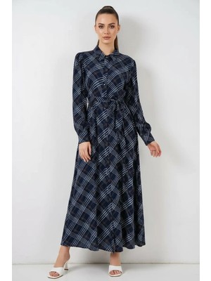 Efnaz Style Kadın Boydan Düğmeli Viskon Lacivert Tesettür Elbise