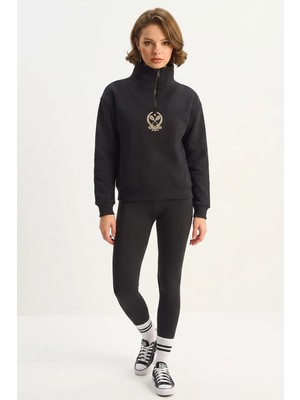 Efnaz Style Kadın Dik Yaka Yarım Fermuarlı Içi Polarlı Crop Siyah Sweatshirt