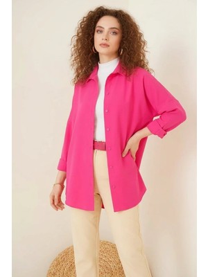 Efnaz Style Kadın Oversize Kesim Basic Pamuklu Koyu Pembe Tesettür Gömlek