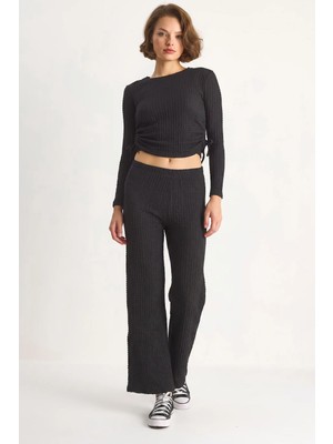 Efnaz Style Kadın Yanları Bağlamalı Crop Beli Lastikli Yüksek Bel Pantolonlu Bürümcük Siyah Takım