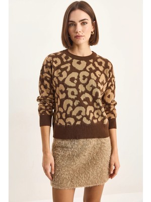 Efnaz Style Kadın Leopar Desenli Bisiklet Yaka Şardonlu Basic Triko Kahverengi Camel Kazak