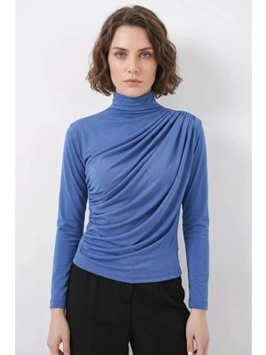 Efnaz Style Kadın Balıkçı Yaka Büzgülü Detay Indigo Bluz