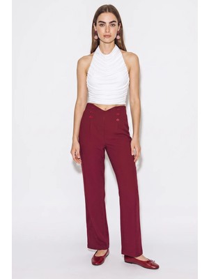 Efnaz Style Kadın Düğme Detaylı Yüksek Bel Düz Paça Kumaş Bordo Pantolon