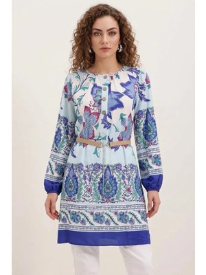 Efnaz Style Kadın Kemerli Çiçek Desenli Viskon Saks Elbise