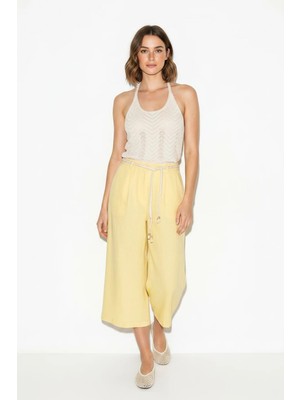 Efnaz Style Kadın Astarlı Keten Cepli Kemer Detaylı Bol Paça Culotte Sarı Pantolon