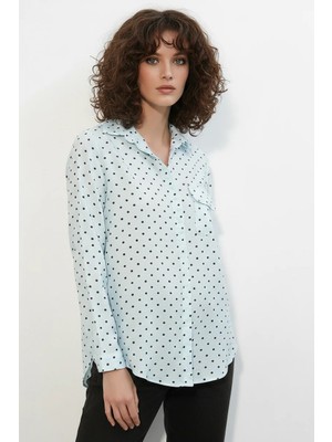 Efnaz Style Kadın Oversize Tek Cepli Puantiyeli Mavi Gömlek