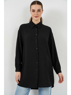 Efnaz Style Kadın Gömlek Yaka Dokulu Oversize Viskon Siyah Tunik
