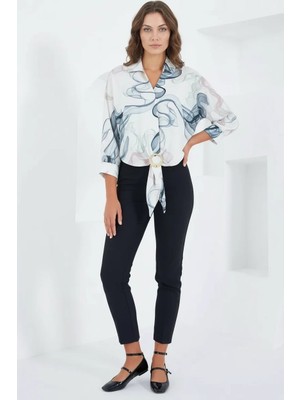 Efnaz Style Kadın Kuşaklı Oversize Desenli Saten Indigo Gömlek