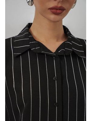 Efnaz Style Kadın Çizgili Siyah Gömlek