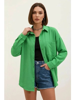 Efnaz Style Kadın Tek Cepli Oversize Viskon Yeşil Gömlek