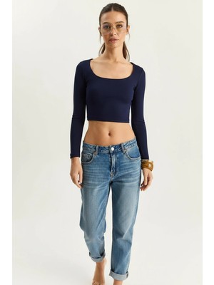 Efnaz Style Kadın Kare Yaka Uzun Kollu Basic Lacivert Bluz