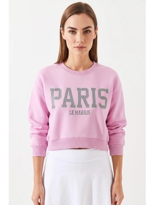 Efnaz Style Kadın Paris Baskılı Üç Iplik Şardonlu Şeker Pembe Sweatshirt