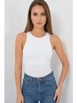 Efnaz Style Kadın Halter Yaka Beyaz Body