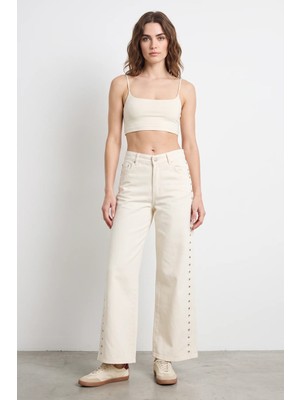 Efnaz Style Kadın Yanları Metal Detaylı Wide Leg Denim Krem Pantolon