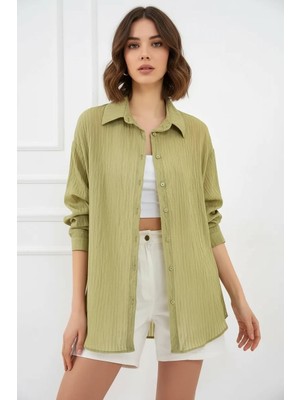 Efnaz Style Kadın Oversize Kesim Viskon Çağla Yeşili Gömlek
