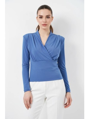 Efnaz Style Kadın Kruvaze Yaka Belden Oturtmalı Omuz Vatkalı Indigo Bluz