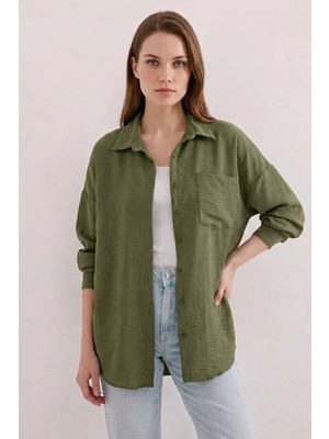 Efnaz Style Kadın Oversize Kesim Tek Cepli Viskon Haki Gömlek