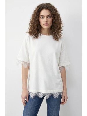 Efnaz Style Kadın Dantel Detaylı Bisiklet Yaka Oversize T Shirt Beyaz