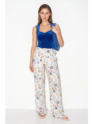 Efnaz Style Kadın Ocean Breeze Desenli Zımbalı Fular Aksesuarlı Cep Detaylı Beli Lastikli Keten Pantolon Beyaz Mavi
