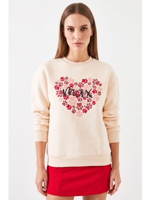 Efnaz Style Kadın Üç Iplik Şardonlu Yuvarlak Yaka Pati Baskılı Bej Sweatshirt