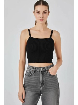 Efnaz Style Kadın Kare Yaka Crop Askılı Siyah Bluz