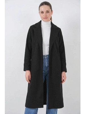 Efnaz Style Kadın Kruvaze Yaka Kaşe Siyah Kaban