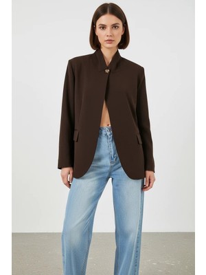 Efnaz Style Kadın Hakim Yaka Oversize Kesim Düğmeli Kahverengi Ceket