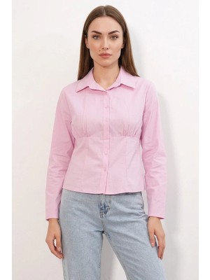 Efnaz Style Kadın Belden Oturtmalı Pembe Gömlek