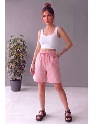 Kozz Style Pembe Çizgili Beli Ayarlanabilir Keten Pamuklu Şort