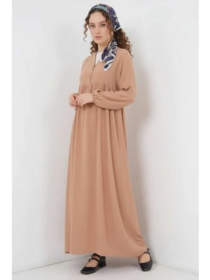 Efnaz Style Kadın V Yaka Beli Büzgülü Uzun Kol Bisküvi Tesettür Elbise