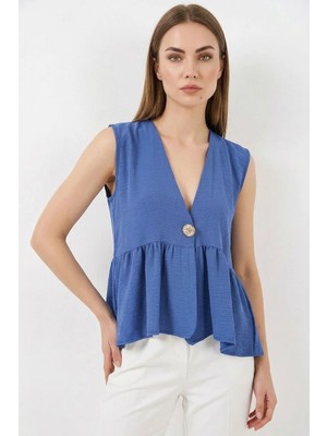 Efnaz Style Kadın V Yaka Beli Büzgülü Düğmeli Saks Bluz