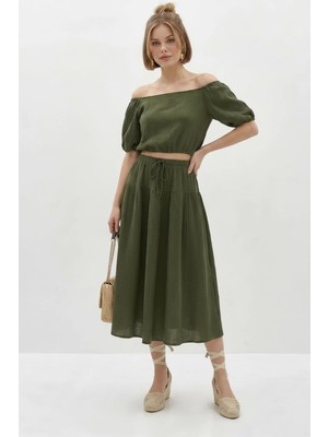 Efnaz Style Kadın Balon Kollu Crop Bluz Bağlama Detaylı Pamuklu Müslin Etek Takım Yc Yeşil