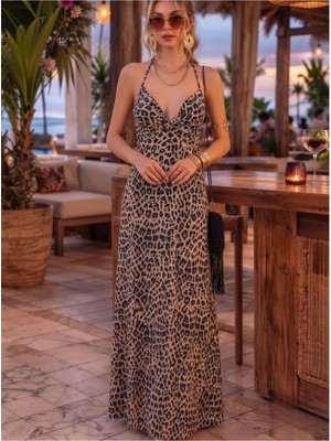 Kozz Style Leopar Micro Önü Burgulu Ip Askılı Uzun Elbise