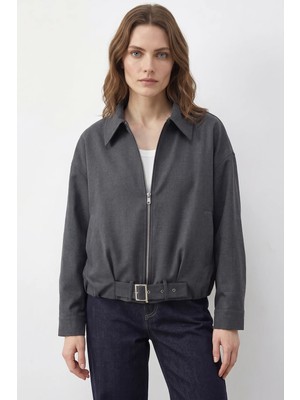 Efnaz Style Kadın Oversize Kemer Detaylı Fermuarlı Astarlı Bomber Antrasit Ceket