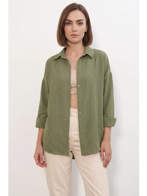 Efnaz Style Kadın Oversize Kesim Keten Haki Gömlek