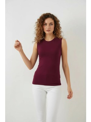 Efnaz Style Kadın Yuvarlak Yaka Kolsuz Viskon Bordo Body